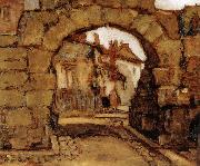 Grant Wood The Gate within The City walls oil